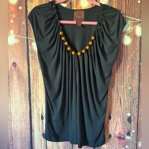 Even Black Beaded Ruched V-Neck Cap Sleeve Boho ChicTop